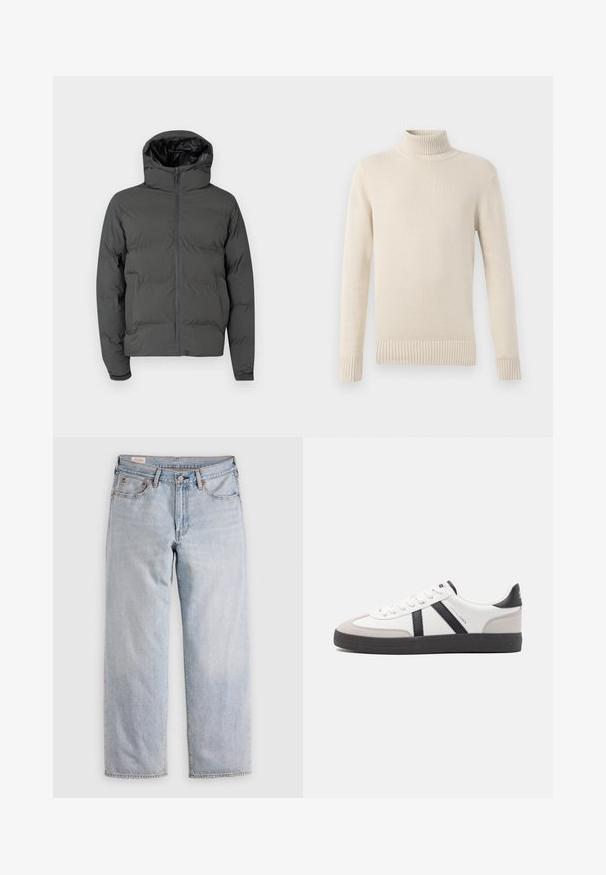 Chaqueta de plumas gris con capucha, que cuenta con un cierre frontal y un patrón acolchado. Material exterior suave con un interior brillante en contraste.; Jersey de cuello alto de punto color crema con mangas largas y puños y dobladillo acanalados.; Jeans rectos azul claro con cintura alta, cierre de botón y bolsillos delanteros y traseros, exhibidos sobre una superficie plana.; Zapatilla blanca con acentos en negro y gris, que presenta una puntera texturizada en gris, suela de goma negra y cordones planos blancos. Diseño limpio, estilo minimalista.