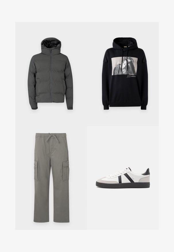 Grijze pufferjack met een capuchon, voorzien van een rits aan de voorkant en een geborduurd patroon. Glad buitenmateriaal met een contrasterende glanzende binnenkant.; Zwarte hoodie van katoen met een grafische print op de voorkant. Beschikt over een trekkoordcapuchon, lange mouwen en ribgebreide boorden en onderkant.; Grijze rechte cargobroek met elastische tailleband, trekkoord, zijflapzakken en voorste schuine zakken op een witte achtergrond.; Witte sneaker met zwarte en grijze accenten, voorzien van een grijze neus met textuur, zwarte rubberen zool en platte witte veters. Schoon ontwerp, minimalistische stijl.