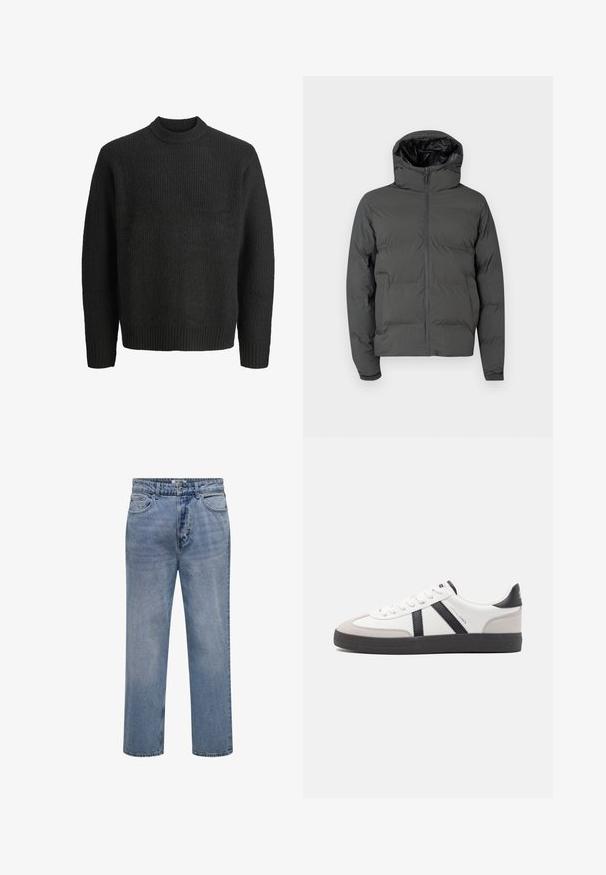 Grå pufferjakke med hætte, med en frontlynlås og kviltet mønster. Glat ydermateriale med en kontrastfyldt skinnende inderside.; Sort strikket crewneck-sweater med lange ærmer og ribbede manchetter og kant, vist på hvid baggrund.; Lyseblå straight-leg denim jeans med knap- og lynlåslukning samt for- og baglommer.; Hvide sneakers med sorte og grå detaljer, med en tekstureret grå tåhætte, sort gummisål og flade hvide snørebånd. Rent design, minimalistisk stil.