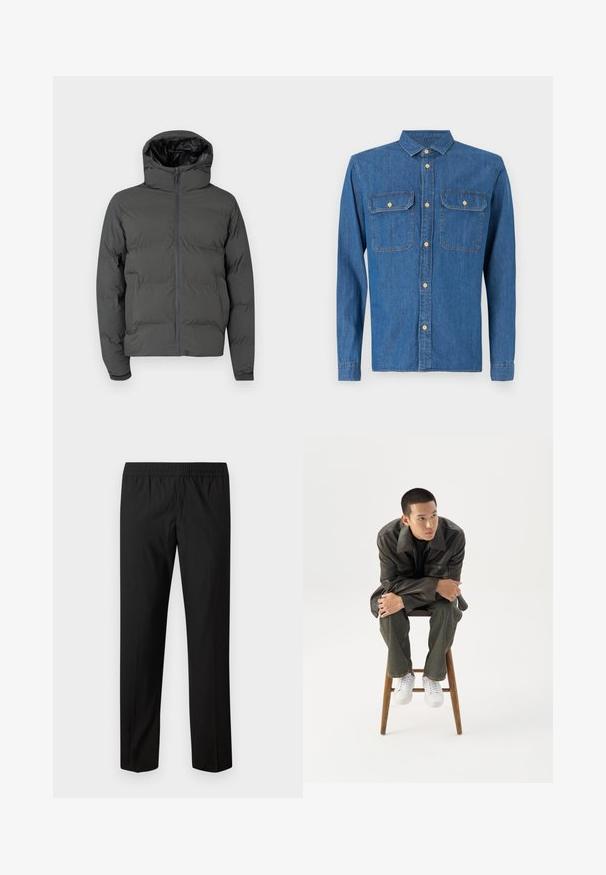 Grå pufferjakke med hætte, med en frontlynlås og kviltet mønster. Glat ydermateriale med en kontrastfyldt skinnende inderside.; Denim skjorte i mørkeblå, langærmet med knapmanchetter, spids krave, to brystlommer og frontknaplukning med guldfarvet hardware.; Sorte bukser med lige ben og elastisk taljebånd, ingen synlige lommer eller pynt.; Ung mand i mørk læderjakke og jeans sidder på en træskammel, læner sig fremad med armene krydset og kigger til siden mod hvid baggrund.