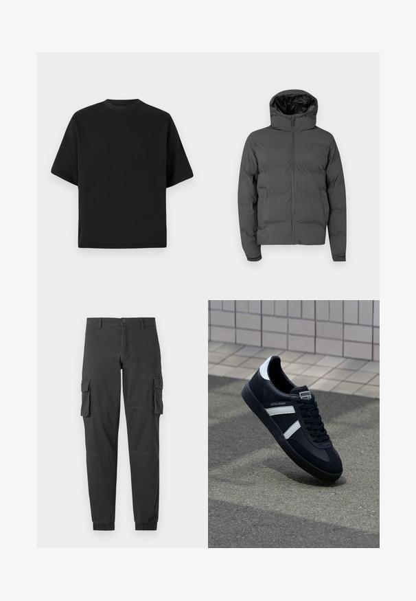 Chaqueta de plumas gris con capucha, que cuenta con un cierre frontal y un patrón acolchado. Material exterior suave con un interior brillante en contraste.; Camiseta negra de manga corta en un corte holgado, hecha de algodón suave, con cuello redondo y un diseño minimalista.; Pantalones cargo negros con puños elásticos, que cuentan con múltiples bolsillos laterales, cierre de botón y detalles de costura visibles.; Zapatilla de cuero negra con rayas blancas, suela de goma texturizada y parte frontal con cordones. Cuenta con una etiqueta de marca en la lengüeta.
