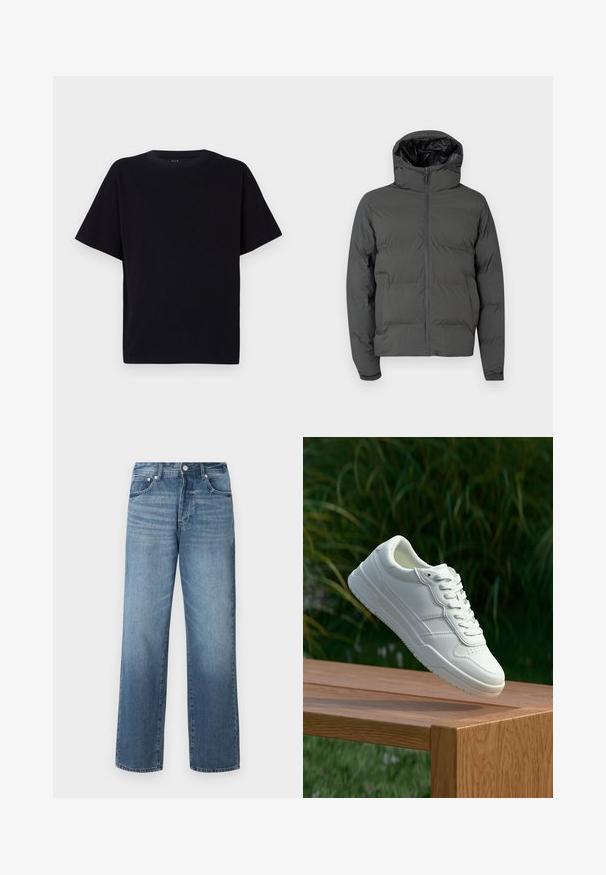 Grå pufferjakke med hætte, med en frontlynlås og kviltet mønster. Glat ydermateriale med en kontrastfyldt skinnende inderside.; Sort kortærmet t-shirt med rund halsudskæring. Fremstillet af blødt stof, med en afslappet pasform og uden synlige mønstre eller detaljer.; Blå denimjeans med lige ben, med en falmet vask, bælteløkker, fem lommer og en klassisk knaplukning.; Hvide lædersneakers med en glat overflade, prydet med perforeret design, klassisk snørering og gummisål, placeret over en træoverflade.