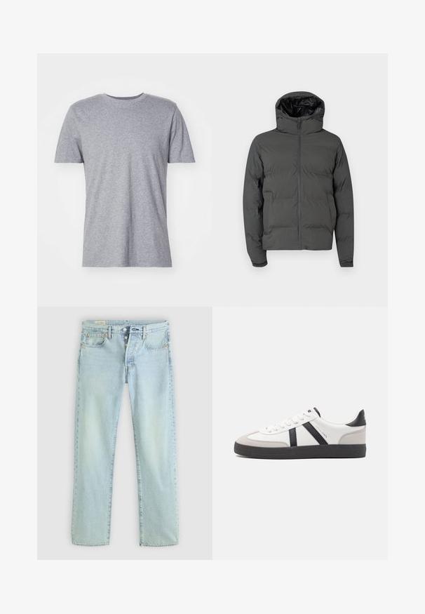 Grå pufferjakke med hætte, med en frontlynlås og kviltet mønster. Glat ydermateriale med en kontrastfyldt skinnende inderside.; Grå, kortærmet t-shirt lavet af en bomuldsblanding, der har en klassisk crew neckline og en glat, blød tekstur.; Lyseblå denimjeans med lige pasform, fem lommer, knapgylp og subtil falming. Har syninger og kobbernitter som detaljer.; Hvide sneakers med sorte og grå detaljer, med en tekstureret grå tåhætte, sort gummisål og flade hvide snørebånd. Rent design, minimalistisk stil.