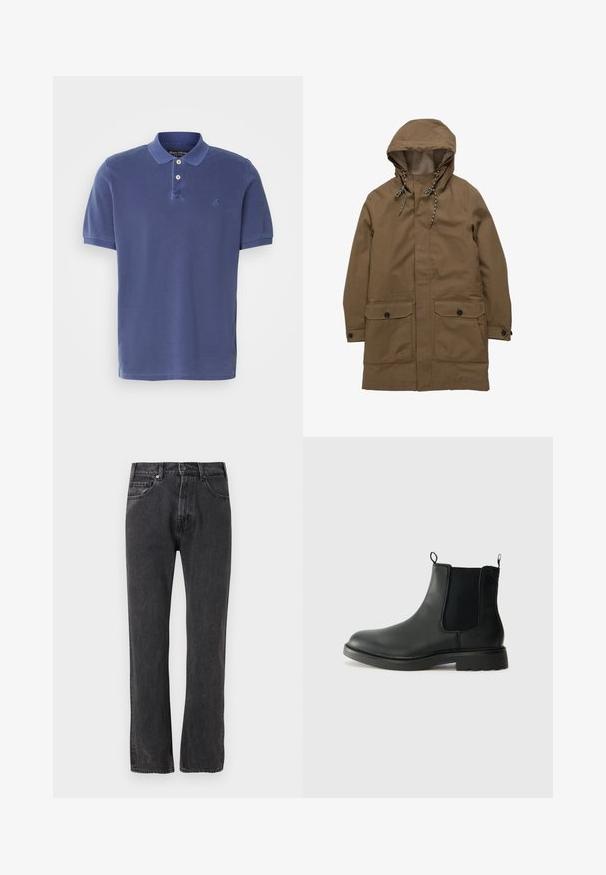 Hnedá dlhá parka s kapucňou, z fleece podšívkou, s kapucňou na sťahovaciu šnúrku, gombíkovými vreckami na klopu a gombíkovými manžetami na jednoduchom pozadí.; Námornícka modrá polo tričko vyrobené z bavlny, s trojbuttonovým zapínaním, krátkymi rukávmi a malým logom na hrudi. Jednoduchý dizajn.; Čierne rifle s rovným strihom, predným zapínaním na gombík a zips, predné a zadné vrecká, zobrazené na bielom pozadí.; Čierne kožené chelsea čižmy s elastickými bočnými panelmi, uškami na ťahanie, zaoblenou špičkou a textúrovanou gumovou podrážkou. Hladký povrch a pevná konštrukcia.