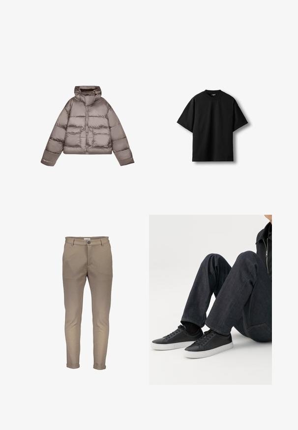 Braune cropped Pufferjacke, gepolstertes Design, hoher Kragen, Reißverschluss, zwei Fronttaschen, glänzender Stoff, elastische Bündchen und Saum.; Schwarzes T-Shirt mit kurzen Ärmeln und Rundhalsausschnitt, locker geschnitten und flach auf weißem Hintergrund präsentiert.; Beige Baumwollmischhosen mit schmaler Passform, versehen mit einem Knopfverschluss, Gürtelschlaufen und aufgerollten Beinen. Glatte Textur mit sauberer Naht.; Person sitzt mit angewinkelten Beinen, trägt dunkelblaue Jeans und schwarze Low-Top-Sneaker mit weißen Sohlen auf weißem Hintergrund.