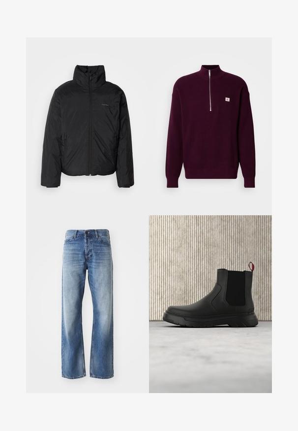 Zwarte pufferjack met een hoge kraag, rits aan de voorkant en zijzakken. Gladde, glanzende textuur met een minimalistisch logo op de borst.; Paarse gebreide trui met een hoge kraag en een kwartrits, met een klein logopatch op de linkerborst en geribbelde manchetten.; Blauwe denim straight-leg jeans met lichte vervaging op de dijen en knieën, met vijf zakken en een knoopsluiting.; Zwarte enkelboot met een gladde afwerking, elastische zijpanelen en een contrasterende rode treklus, met een dikke rubberen zool en een afgeronde teen.