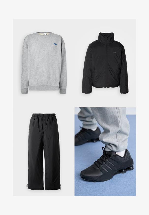 Musta puhvitakki korkealla kauluksella, vetoketjulla edessä ja sivutaskuilla. Sileä, kiiltävä pinta, jossa on minimaalinen logo rinnassa.; Harmaa collegepaita, joka on valmistettu pehmeästä puuvillasekoitteesta. Paita on varustettu pyöreällä kaula-aukolla ja ribbineulottuilla hihoilla. Rinnassa on pieni sininen Nike-logo.; Mustat eristetyt housut, joissa on joustava vyötärö, sivutaskut ja säädettävät lahkeet. Silkkinen kangas, jossa on hieman kiiltävä pinta.; Henkilö, joka pitää päällään mustia Nike Shox -lenkkareita ja harmaita verkkareita, seisoo vaaleansinisellä matolla.