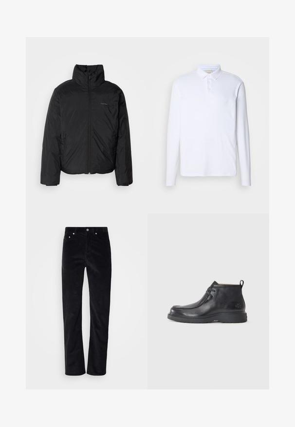 Doudoune noire avec un col haut, fermeture éclair à l'avant et poches latérales. Texture lisse et brillante avec un logo minimaliste sur la poitrine.; Chemise polo blanche à manches longues en tissu doux, dotée d'un col classique, d'une patte de boutonnage à trois boutons et d'un logo discret sur la poitrine.; Pantalons en velours côtelé noir avec une coupe droite. Présentent une fermeture à bouton et un style à cinq poches. Tissu texturé à côtes.; Bottes noires en cuir à talon arrondi, avec un design à lacets et une languette à l'arrière. Tige texturée et semelle en caoutchouc.