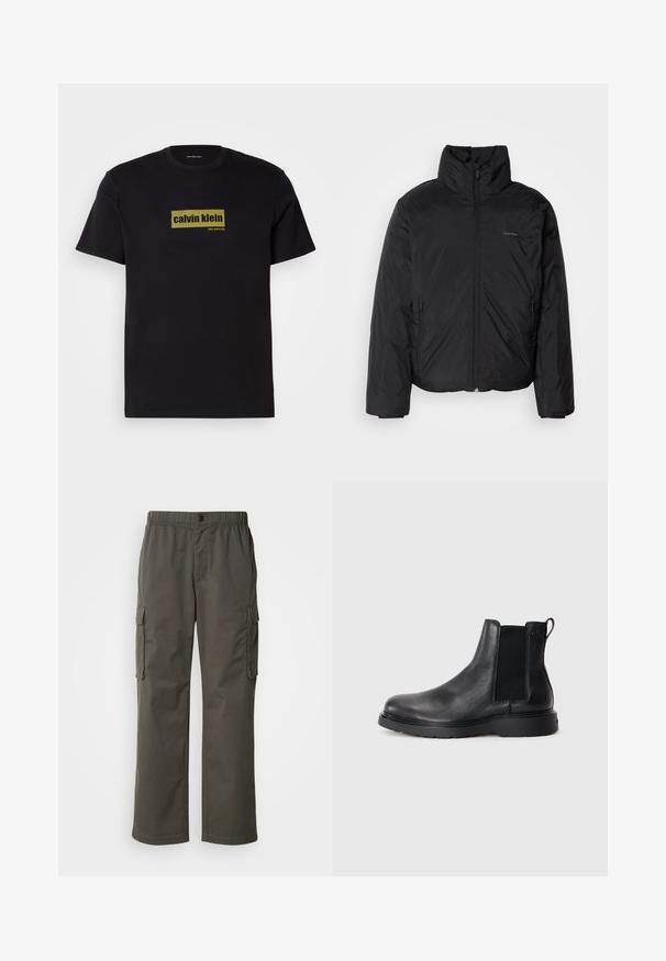 Schwarze Daunenjacke mit hohem Kragen, Reißverschluss auf der Vorderseite und Seitentaschen. Glatte, glänzende Textur mit einem minimalen Logo auf der Brust.; Schwarz Baumwoll-T-Shirt mit kurzen Ärmeln, featuring ein rechteckiges grünes Logo mit dem Text "calvin klein" und "new york city" in fetter Schrift.; Cargo-Hosen in dunkelgrau mit elastischem Bund, zwei Seitentaschen und entspannter Passform. Hergestellt aus strapazierfähigem Stoff mit glatter Textur.; Schwarze Leder-Chelsea-Boots mit strukturiertem Finish, elastischen seitlichen Einsätzen und einer robusten Gummisohle. Dezentes Branding an der Ferse.