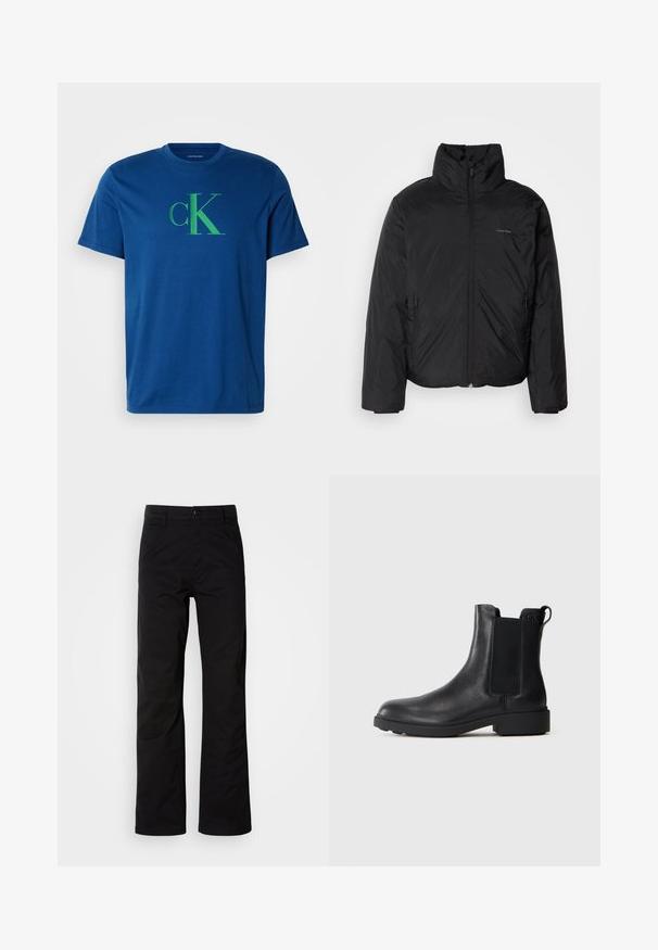 Chaqueta acolchada negra con cuello alto, cierre frontal y bolsillos laterales. Textura lisa y brillante con un logo minimalista en el pecho.; Camiseta de algodón azul con un logo verde de "cK". Cuello redondo, mangas cortas, corte regular con textura suave y sin patrones visibles.; Pantalones de algodón negros con un diseño de pierna recta, que cuentan con un cierre de botón y lazos para cinturón. Textura suave y estilo minimalista sin patrones visibles.; Botín negro de cuero hasta el tobillo con paneles laterales elásticos, tirador en el talón y suela baja de bloque sobre un fondo liso.