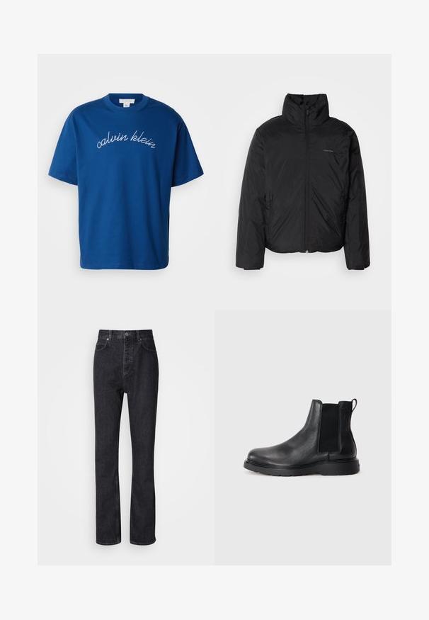 Schwarze Daunenjacke mit hohem Kragen, Reißverschluss auf der Vorderseite und Seitentaschen. Glatte, glänzende Textur mit einem minimalen Logo auf der Brust.; Blauses Baumwoll-T-Shirt mit Rundhalsausschnitt und kurzen Ärmeln, auf dem "calvin klein" elegant in weißer Schreibschrift über die Brust gestickt ist.; Hochtaillierte schwarze Jeans aus Denim mit Knopf- und Reißverschluss, Vorder- und Hintertaschen sowie einer geraden Passform.; Schwarze Leder-Chelsea-Boots mit strukturiertem Finish, elastischen seitlichen Einsätzen und einer robusten Gummisohle. Dezentes Branding an der Ferse.
