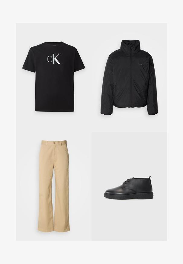 Schwarze Daunenjacke mit hohem Kragen, Reißverschluss auf der Vorderseite und Seitentaschen. Glatte, glänzende Textur mit einem minimalen Logo auf der Brust.; Schwarzes Baumwoll-T-Shirt mit einem silbernen "ck"-Logo auf der Vorderseite. Kurzärmlig und mit einem runden Halsausschnitt in regulärer Passform.; Beige, weit geschnittene Hosen aus einer Baumwollmischung. Mit einem Knopfverschluss und Gürtelschlaufen. Glatte Textur mit minimalen Nähten.; Schwarze Leder-Stiefeletten mit glatter Textur, abgerundeter Spitze und schwarzer Gummisohle. Verfügt über ein Schnürdesign und eine Fersenschlaufe für ein einfaches Anziehen.