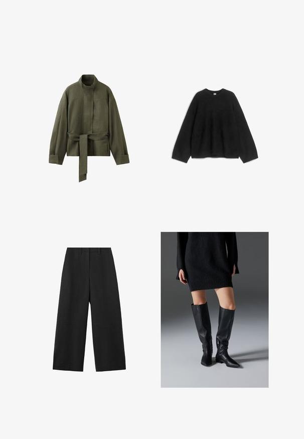 Veste vert olive à manches longues avec col montant, ceinture frontale et manches à revers, fabriquée en tissu texturé.; Pull en maille noir, col rond, manches longues, coupe décontractée, texture douce, sans motifs ni accents visibles. Convient pour une tenue décontractée.; Pantalon noir à jambes larges avec passants pour ceinture, poches avant et une couture descendant le long de chaque jambe.; Bottes en cuir noir au-dessus du genou avec des pointes allongées, des semelles plates et des fermetures éclair sur le côté. Texture lisse, design épuré sans embellissements.