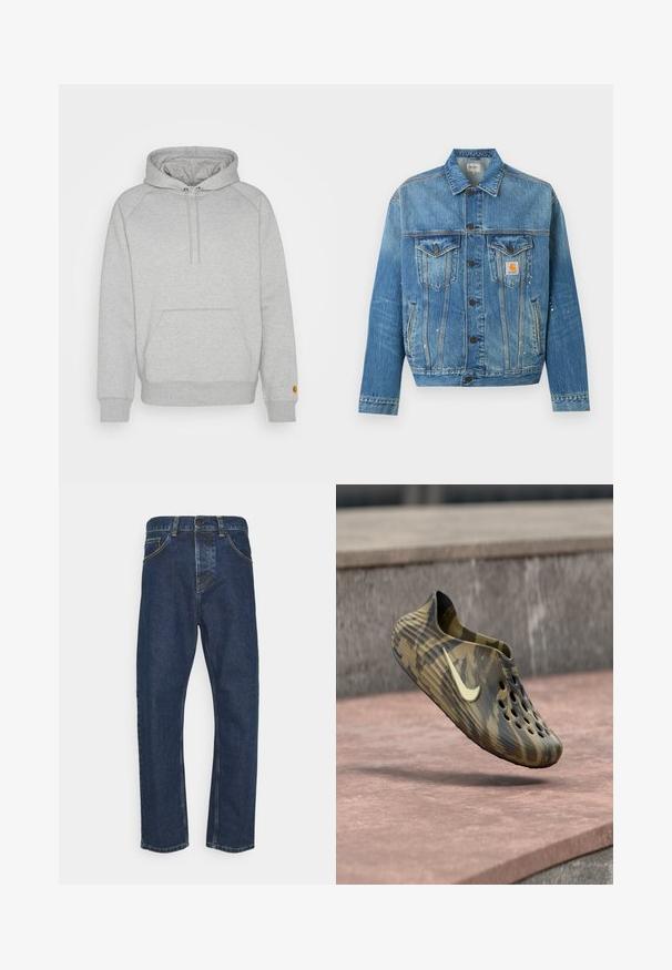 Blauwe spijkerjas met knopen aan de voorkant, twee borstzakken met kleppen, zijzakken en kleine witte verfspatjes, met een Carhartt-logo patch.; Grijze hoodie met een buidelzak, ribgebreide manchetten en onderkant, voorzien van een logopatch op de linker mouw. Zachte stofstructuur.; Donkerblauwe rechte jeans met een sluiting met knoop en rits aan de voorkant, en zakken, weergegeven tegen een witte achtergrond.; Bruine en zwarte slip-on schoen met camouflagestijl en gaten bovenop en een groot lichtkleurig Nike swoosh-logo dat boven een geplaveid oppervlak zweeft.