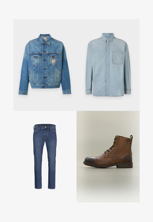 Blå denimjakke med knapper foran, to brystlommer med klapper, sidelommer og små hvide malingstænk, med et Carhartt logo-patch.; Lyseblå denimskjorte med lange ærmer, knaplukning foran og en enkelt brystlomme. Har en klassisk krave og standard manchetter.; Herre blå denim jeans med lige ben-design, fem lommers styling og klassisk knap- og lynlåslukning.; Brun læderstøvle med snørebånd, sort tåhætte, rund sål og mærket detalje på siden mod ensfarvet baggrund.