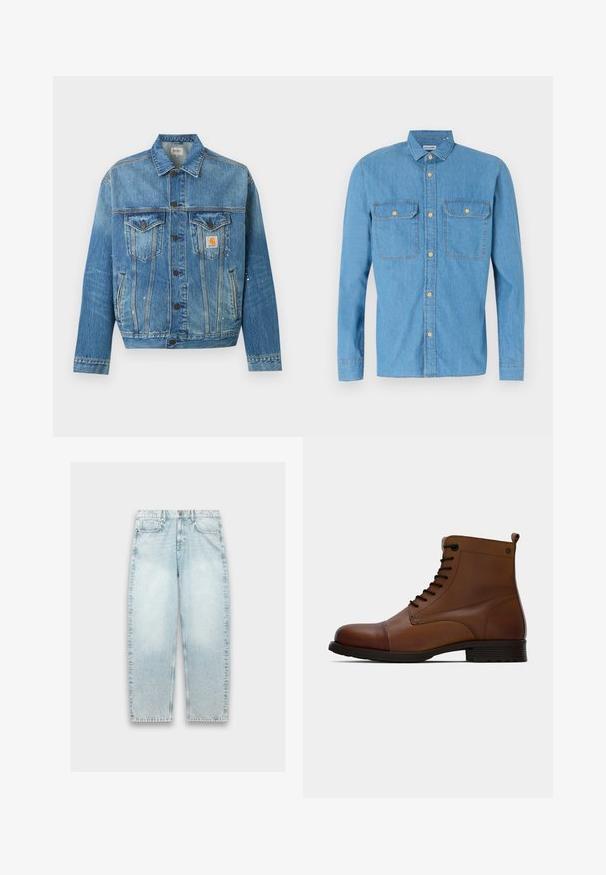 Blå denimjakke med knapper foran, to brystlommer med klapper, sidelommer og små hvide malingstænk, med et Carhartt logo-patch.; Lysblå denimskjorte med lange ærmer, knaplukning foran, to brystlommer, spids krave og gyldne knapper. Glat tekstur, afslappet design.; Lyseblå denimjeans med løs pasform, lige ben, falmet tekstur, fem-lomme design og metalknaplukning i taljen.; Jack & Jones JFWSHAUN BOOT - Snørestøvletter - cognac