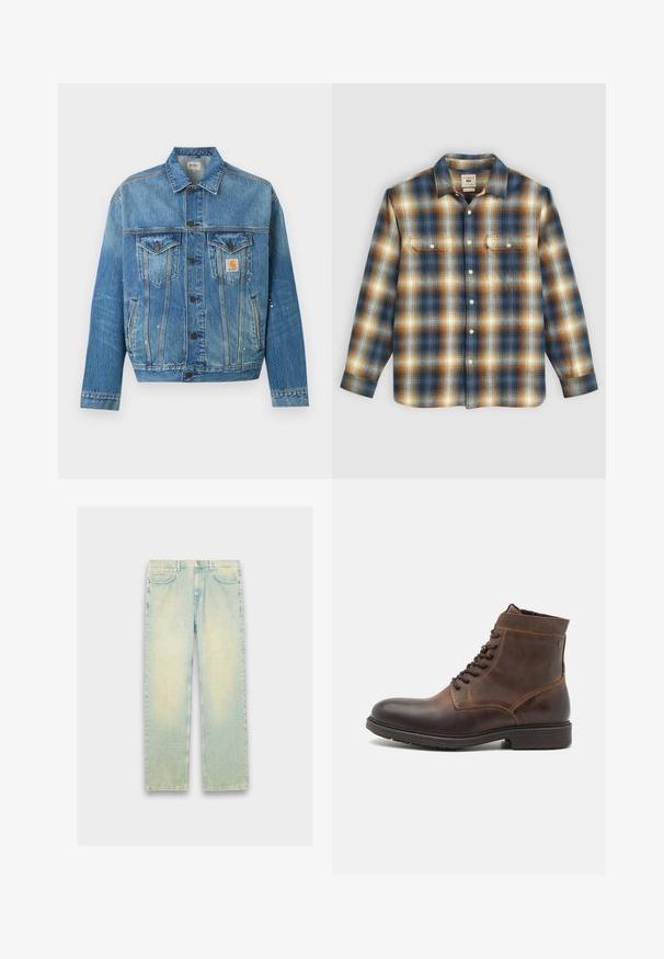 Blå denimjakke med knapper foran, to brystlommer med klapper, sidelommer og små hvide malingstænk, med et Carhartt logo-patch.; Rutet flannel skjorte i blå, brun og creme farver, med to brystlommer, knapper langs fronten og et klassisk kravedesign.; Lyseblå denimjeans med løs pasform, fem lommer, lynlås og en slidt finish langs lår og knæ.; Jack & Jones JFWDELANEY BOOT - Snørestøvletter - cognac