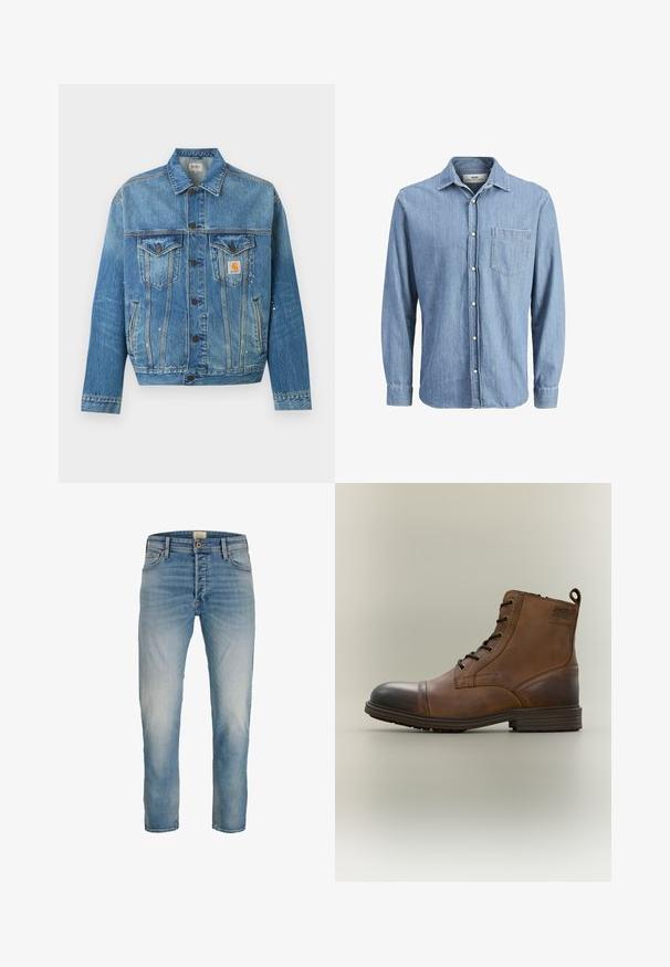 Blaue Jeansjacke mit Knopfleiste vorne, zwei Brusttaschen mit Klappen, seitlichen Taschen und kleinen weißen Farbspritzern, mit einem Carhartt-Logo-Patch.; Helles blaues Denimhemd mit Button-Down-Kragen, langen Ärmeln, einer einzelnen Brusttasche und gesticktem Logo auf der Tasche.; Hellblaue verwaschene Straight-Leg-Jeans mit fünf Taschen und Knopfverschluss, frontal auf weißem Hintergrund dargestellt.; Brauner Leder-Schnürstiefel bis zum Knöchel mit schwarzer Zehenkappe, runder Sohle und Markenlabel an der Seite vor schlichtem Hintergrund.