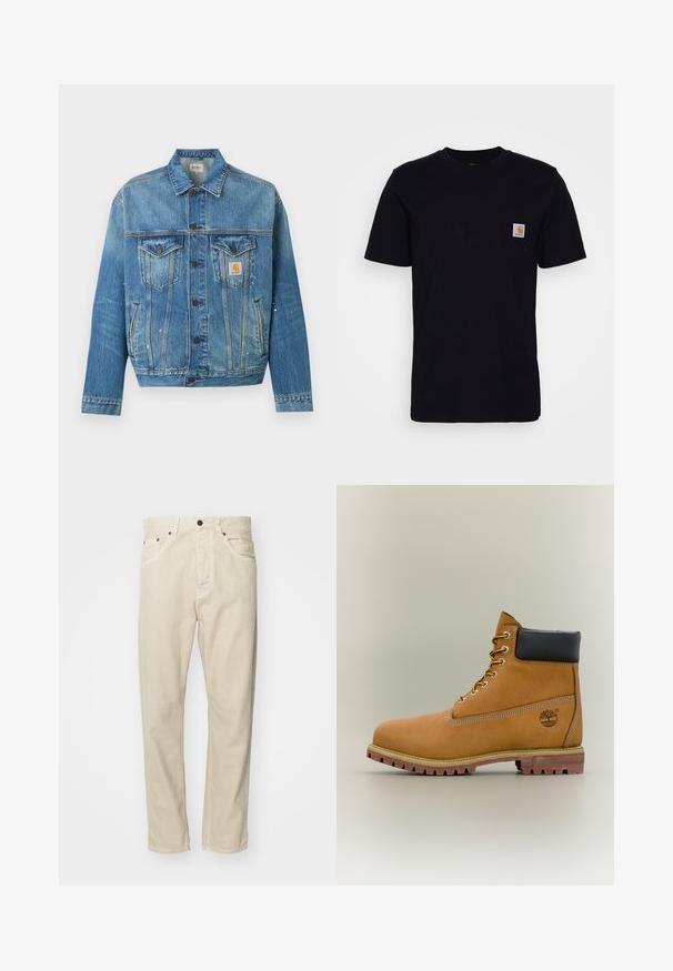 Blå denimjakke med knapper foran, to brystlommer med klapper, sidelommer og små hvide malingstænk, med et Carhartt logo-patch.; Sort bomulds T-shirt med korte ærmer, rund hals og en brystlomme, der har et lille, kvadratisk logo-patch. Enkel, ensfarvet design.; Beige, bomuldsbukser med lige pasform, fem lommer og metalhardware detaljer. Glat tekstur med minimale syninger.; Brun læderankelstøvle med sort krave, gule snørebånd og tanfarvet sål. Har logo og hvide syninger som detalje. Robust ydersål med greb.