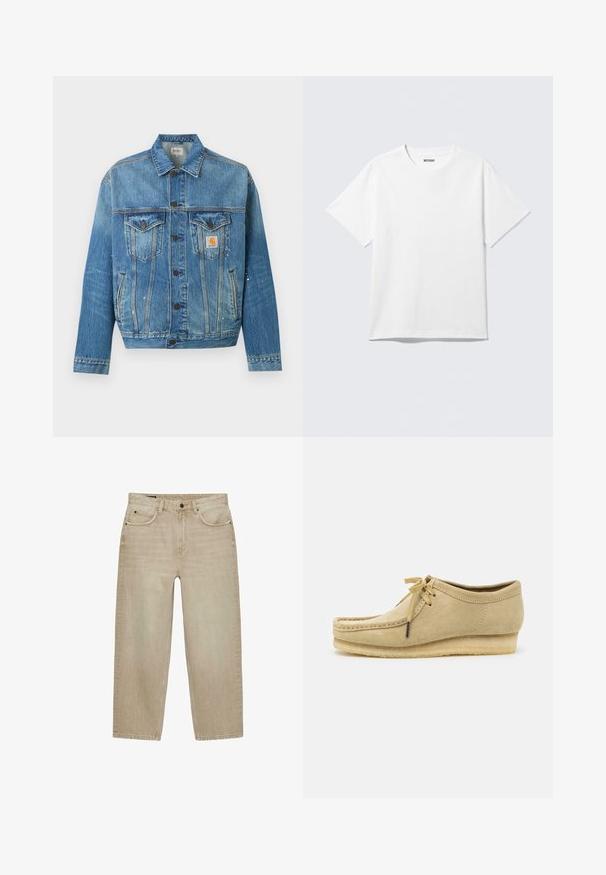 Blå denimjakke med knapper foran, to brystlommer med klapper, sidelommer og små hvide malingstænk, med et Carhartt logo-patch.; Hvid kortærmet crewneck T-shirt lagt fladt ud, ensfarvet design, med "WEEKDAY" mærkat inde i kraven på en lys baggrund.; Lysebeige jeans med lige ben, fem lommer, knaplukning og bæltestropper, vist på en hvid baggrund.; Beige suedestøvle med snørebåndsdesign, syede detaljer og gummisål. Formen er afslappet med en let hæl.