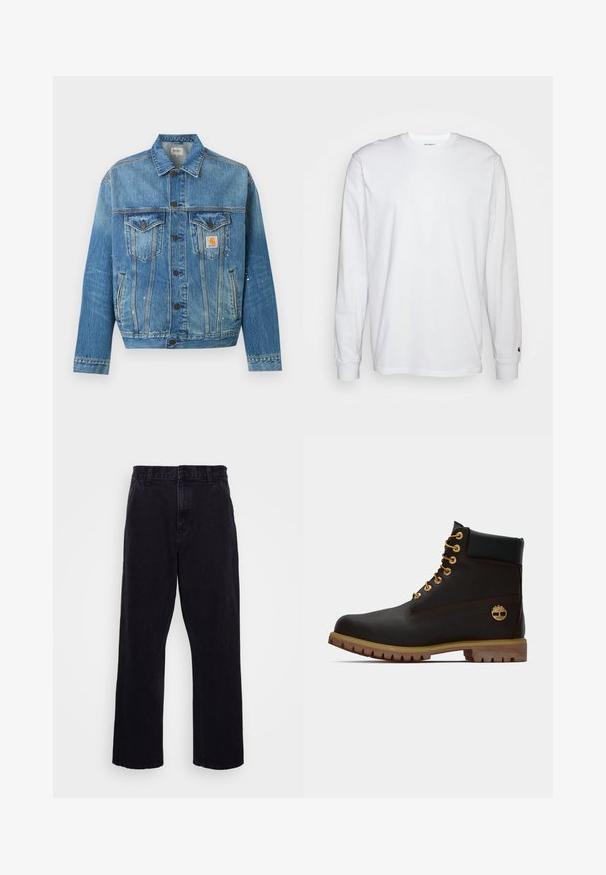 Blaue Jeansjacke mit Knopfleiste vorne, zwei Brusttaschen mit Klappen, seitlichen Taschen und kleinen weißen Farbspritzern, mit einem Carhartt-Logo-Patch.; Weißes Langarm-T-Shirt aus Baumwolle. Rundhals-Design mit gerippten Bündchen und kleinem Logo auf dem linken Ärmel. Glatte Textur.; Schwarze Jeanshose mit geradem Bein, ausgestattet mit einem Knopf- und Reißverschluss, Gürtelschlaufen und minimalen Nähdetails.; Schwarze Leder-Ankle-Boots mit goldenen Ösen, braunen Akzenten und einer Gummisohle. Verfügt über einen gepolsterten Schaft und ein geprägtes Logo an der Seite.