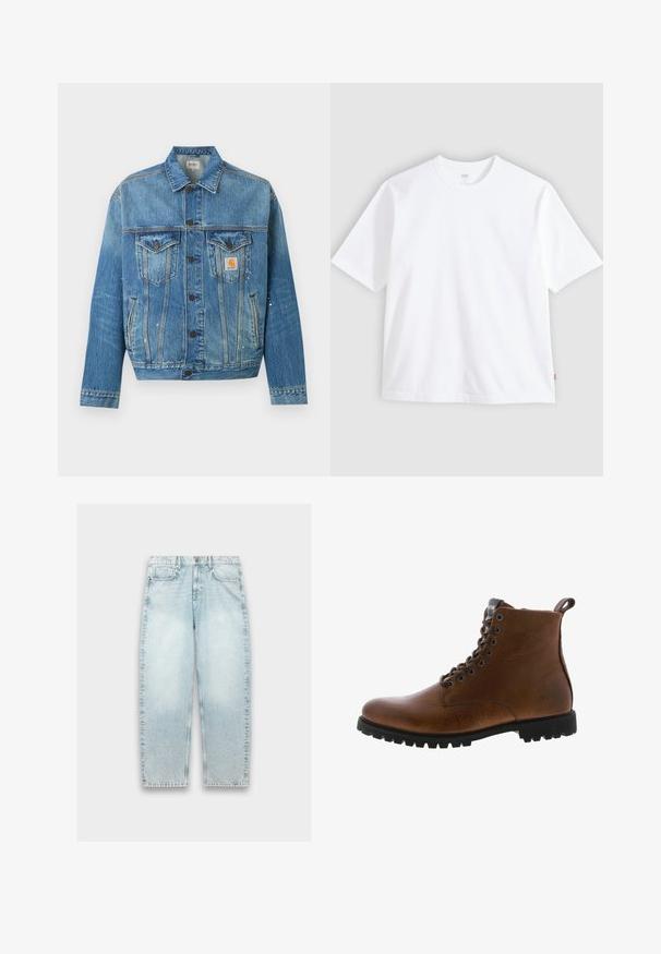 Blauwe spijkerjas met knopen aan de voorkant, twee borstzakken met kleppen, zijzakken en kleine witte verfspatjes, met een Carhartt-logo patch.; Wit T-shirt met korte mouwen van katoen, met een ronde hals en een rechte snit. Label zichtbaar op de onderste zijzoom.; Lichtblauwe denim jeans met een losse pasvorm, rechte pijpen, vervaagd textuur, vijf-pocket ontwerp en metalen knoopsluiting bij de taille.; Bruine leren enkelbotten met een gestructureerde afwerking, metalen oogjes en een zwarte rubberen profielzool. Voorzien van een trekband aan de achterkant voor gemakkelijke instap.