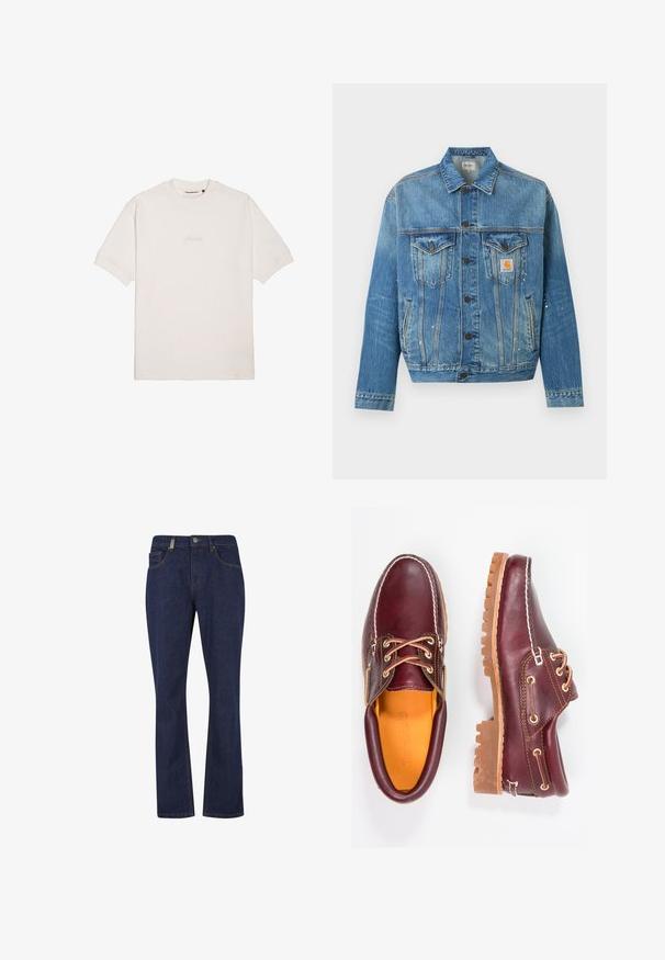 Veste en jean bleue avec fermeture à boutons devant, deux poches poitrine à rabats, poches latérales et petites éclaboussures de peinture blanche, avec un patch logo Carhartt.; T-shirt blanc à manches courtes en coton doux, avec un logo de marque subtilement gaufré sur la poitrine et un col rond classique.; Jean denim bleu foncé à jambes droites avec bouton et fermeture éclair à l'avant, comprenant des poches avant et arrière et des détails de couture visibles.; Chaussures en cuir bourgogne avec semelles en caoutchouc marron, bout rond, couture blanche et œillets dorés. L'intérieur présente une doublure jaune.