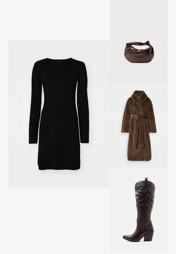 Prunelate pehmea faux furrist pikk mantel laia kraega ja sobiva vööga, mis on kinni seotud vöökohal, laotatuna tasasele neutraalsele taustale.; Must have käsi ja pikkade varrukatega kleit, mis on valmistatud ribakangast. Omab vormitud siluetti, ümarat kaelust ja keskmist õmblust.; Kõrge tumepruun nahast kauboi saabas, millel on õmmeldud dekoratiivsed mustrid, terava varbaosaga ja kuhjatud plokk-kontsaga.; Tumepruunast nahast õlakott, pehme ja lõdva vormiga, keeratud sõlme tüüpi sangaga, valgel ühevärvilisel taustal.