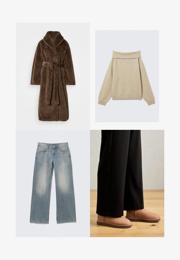 Prunelate pehmea faux furrist pikk mantel laia kraega ja sobiva vööga, mis on kinni seotud vöökohal, laotatuna tasasele neutraalsele taustale.; Beez värvi õlgadelt avatud kampsun, mis on valmistatud pehmest kudumist. Omab laia soonikserva ja langevaid õlgu. Tekstuuriga kangas, millel on kerge varieeruvus.; Helesinised laiade säärtega teksad tuhmunud viimistlusega, valmistatud teksariidest. Omavad vööaasasid, esimesi taskuid ning eesmist tõmblukku koos nööpkinnitusega.; pruun nahast pahkluu saapad lame kummise tallaga, ümarate varvastega ja minimaalse õmblusega, kantud mustade laiade pükstega puidust põrandal.