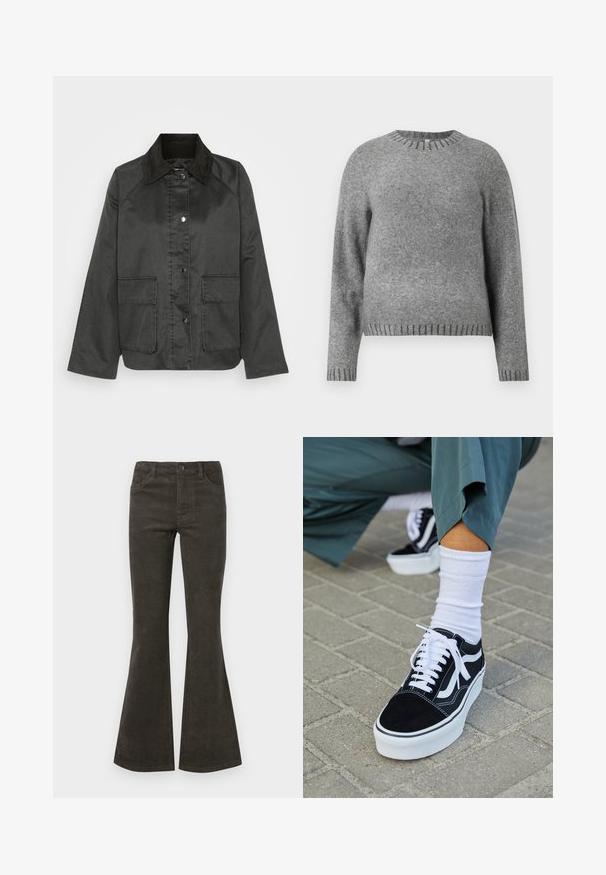 Veste noire avec un col en velours côtelé, fermeture à boutons-pression et deux poches avant. Présente une coupe décontractée et une surface texturée.; Pull en tricot gris avec un col rond, des manches longues et des accents côtelés aux poignets et à l'ourlet. Texture douce avec une coupe légèrement ample.; Pantalons en velours côtelé évasés de couleur vert olive foncé, dotés d'une fermeture à bouton et zip, de cinq poches et d'une texture nervurée subtile.; Baskets en suède noir avec des accents et des lacets blancs, présentant une épaisse semelle blanche et des coutures contrastantes, associées à une chaussette blanche.