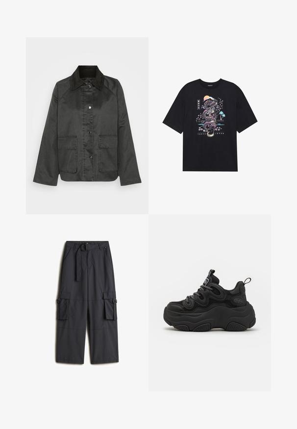 Chaqueta negra con cuello de pana, cierre de botones a presión y dos bolsillos frontales. Presenta un ajuste relajado y una superficie texturizada.; Camiseta negra con un gráfico colorido de un dragón, flores de cerezo, sol y montaña. El texto dice "Tokio Japón" debajo del diseño.; Pantalones cargo de un gris oscuro, hechos de una tela ligera, que cuentan con un cinturón de hebilla redonda, dos bolsillos laterales y dos bolsillos cargo.; Zapatilla negra con un diseño voluminoso, que presenta una parte superior texturizada, paneles de malla y una suela de goma gruesa. Cuerdas reflectantes y detalles de marca visibles.