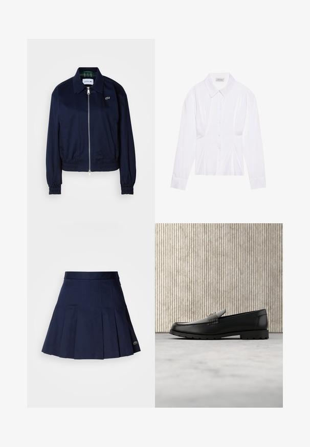 Navyblauwe cropped jas van gladde stof, met een ritsopening aan de voorkant, elastische manchetten en een subtiele logo op de borst.; Witte blouse met lange mouwen en een klassieke kraag, met een sluiting aan de voorkant met knopen en geplooide details aan de zijkant. Glad materiaal met een getailleerde pasvorm.; Marineblauwe plooienrok met een aangesloten tailleband, gemaakt van een soepele stof. Beschikt over een klein Lacoste-logo op de zoom.; Zwarte leren loafers met een verhoogde naad, gouden accentlogo en gestructureerde band. Voorzien van een dikke, duurzame rubberen zool.