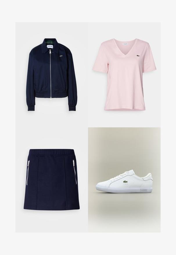 Veste courte bleu marine en tissu lisse, dotée d'une fermeture éclair sur le devant, de poignets élastiqués et d'un logo discret sur la poitrine.; T-shirt en coton rose clair avec un col en V et des manches courtes, arborant un petit logo de crocodile brodé en vert sur la poitrine gauche.; Jupe bleu marine en tissu doux, dotée de poches zippées blanches, au design ajusté et à la texture lisse. Longueur mi-cuisse.; Baskets basses blanches avec lacets blancs, logo crocodile vert sur le côté et étiquette "Lacoste" sur la semelle, le tout sur un fond neutre.