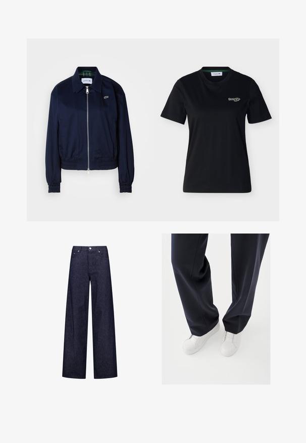 Navyblauwe cropped jas van gladde stof, met een ritsopening aan de voorkant, elastische manchetten en een subtiele logo op de borst.; Zwart T-shirt met korte mouwen en een ronde hals, voorzien van een klein groen-wit Lacoste-logo geborduurd op de linkerborst.; Brede denim broek met een donkerblauw en wit verticaal gestreept patroon, voorzien van twee voorzakken en een klassieke knoopsluiting.; Witte sneakers met gestructureerde rubberen zolen en platte veters, gecombineerd met donkerblauwe broeken die een losse, soepele stof en een getailleerde pasvorm laten zien.