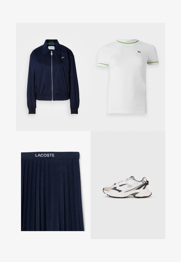 Navyblauwe cropped jas van gladde stof, met een ritsopening aan de voorkant, elastische manchetten en een subtiele logo op de borst.; Witte katoenen t-shirt met korte mouwen, een ronde hals en groene en gele ribbelaccenten bij de kraag en de mouwen. Lacoste-logo op de borst.; Marineblauwe geplisseerde rok met een elastische tailleband en witte "LACOSTE"-logo. Zachte stofstructuur met verticale plooien voor beweging.; Witte en grijze sneakers met een bovenwerk van mesh, zwarte accenten en een gestructureerde zool. Voorzien van veters, merkdistinties en contrasterende ontwerpelementen.