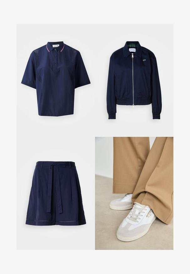 Veste courte bleu marine en tissu lisse, dotée d'une fermeture éclair sur le devant, de poignets élastiqués et d'un logo discret sur la poitrine.; Polo shirt à manches courtes bleu marine avec fermeture à boutons, col contrasté avec des accents rouges et blancs, et panneaux latéraux perforés pour la respirabilité.; Shorts bleu marine en tissu doux et léger. Présentent une taille ceinturée, des plis à l'avant et un design minimaliste avec des coutures discrètes.; Baskets blanches avec des accents en daim, des lacets texturés et une semelle en caoutchouc. Associées à un pantalon beige ample. Logo affiché sur le côté.