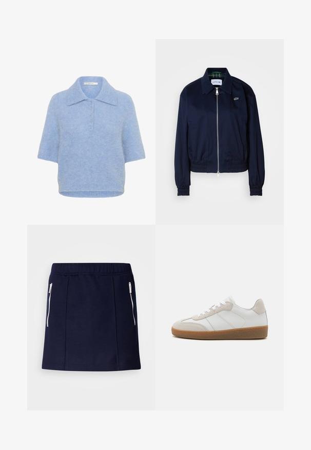 Veste courte bleu marine en tissu lisse, dotée d'une fermeture éclair sur le devant, de poignets élastiqués et d'un logo discret sur la poitrine.; T-shirt tricot à col, bleu clair et à manches courtes, avec une patte de boutonnage à cinq boutons. Texture douce avec une coupe légèrement carrée et un ourlet côtelé.; Jupe bleu marine en tissu doux, dotée de poches zippées blanches, au design ajusté et à la texture lisse. Longueur mi-cuisse.; Baskets en cuir blanc avec des accents en suède beige, languette texturée et semelle en caoutchouc. Elles sont dotées de lacets blancs et de détails couture subtils.