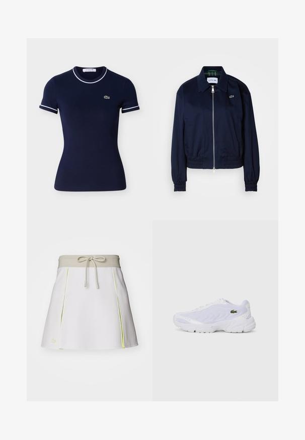 Mørkeblå cropped jakke lavet af glat stof, med en front lynlås lukning, elastiske manschetter og et diskret logo på brystet.; Marineblå bomulds-T-shirt med korte ærmer, der har hvid kant langs kraven og ærmerne samt en lille grøn Lacoste-logo.; Hvid skort med en beige elastisk talje og snøre. Har neongule sidelogoer og plisseringer. Lacoste-logoet er placeret nederst til venstre.; Hvide atletiske sko med mesh-overdel, tekstureret design og polstret krave. Har grønt logo på siden og polstret sål for komfort.