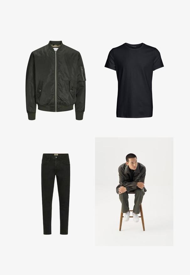 Dunkelgrüne Bomberjacke aus glattem Nylon, mit einem Reißverschluss vorne, zwei Seitentaschen und einer zusätzlichen Reißverschlusstasche am Ärmel.; Schwarzes T-Shirt mit kurzen Ärmeln aus weicher Baumwolle, mit Rundhalsausschnitt und glatter Textur, ohne Muster oder zusätzliche Akzente.; Schwarze Slim-Fit-Jeans aus Denim mit Knopfverschluss, fünf Taschen und einem klaren, minimalistischen Design.; Junger Mann in dunkler Lederjacke und Jeans sitzt auf einem Holzstuhl, lehnt sich mit verschränkten Armen nach vorne und schaut seitlich vor weißem Hintergrund.