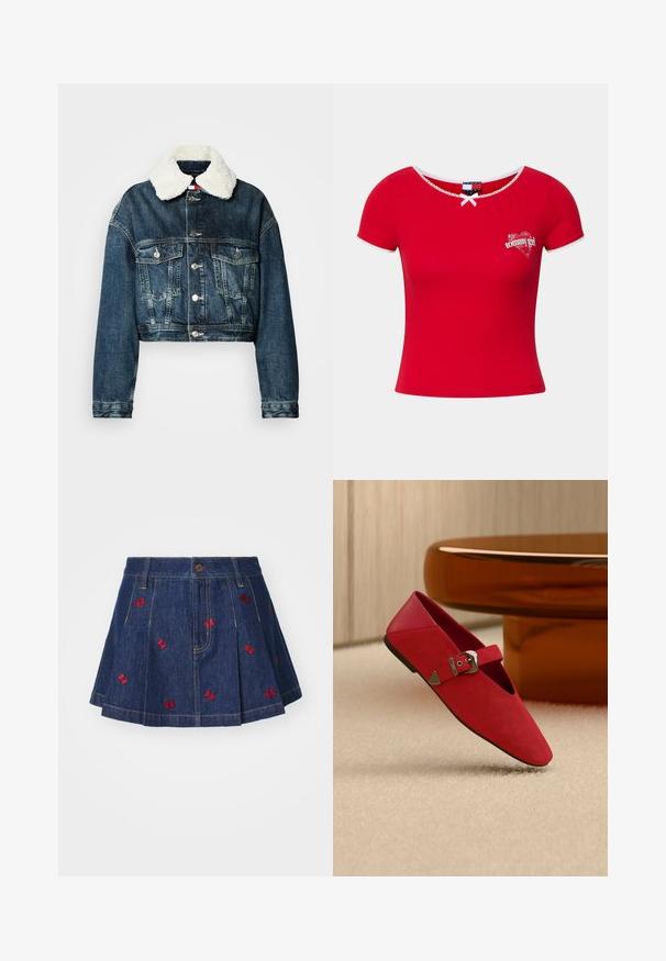 Chaqueta de denim recortada en azul oscuro con un cuello de piel sintética blanca. Presenta botones plateados y dobles bolsillos en el pecho. Textura de denim clásica.; Camiseta ajustada de manga corta en rojo con escote redondeado, terminado en encaje, y con un corazón y el logotipo "tommy girl" bordado en el pecho.; Falda de mezclilla con pliegues y un lavado oscuro, con detalles de mariposas bordadas en rojo y un clásico diseño de cinco bolsillos con cierre de botón frontal.; Zapato plano rojo con punta puntiaguda y correa con hebilla plateada, colocado sobre una alfombra beige cerca de una mesa redonda marrón.