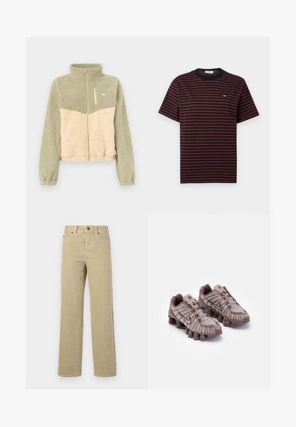 Tofarvet grøn og beige fleecetakjole med fuld lynlås foran, høj krave, elastiske manchetter og lynlåslomme på brystet.; T-shirt med korte ærmer og rund hals med sorte og mørkerøde vandrette striber og et lille logo på venstre bryst.; Beige vidbenede jeans lavet af blød bomuld med et klassisk design med fem lommer, knaplukning og synlige syninger langs sømme og kanter.; Nike Sportswear SHOX TL - Sneakers - pumice/night maroon/plum eclipse