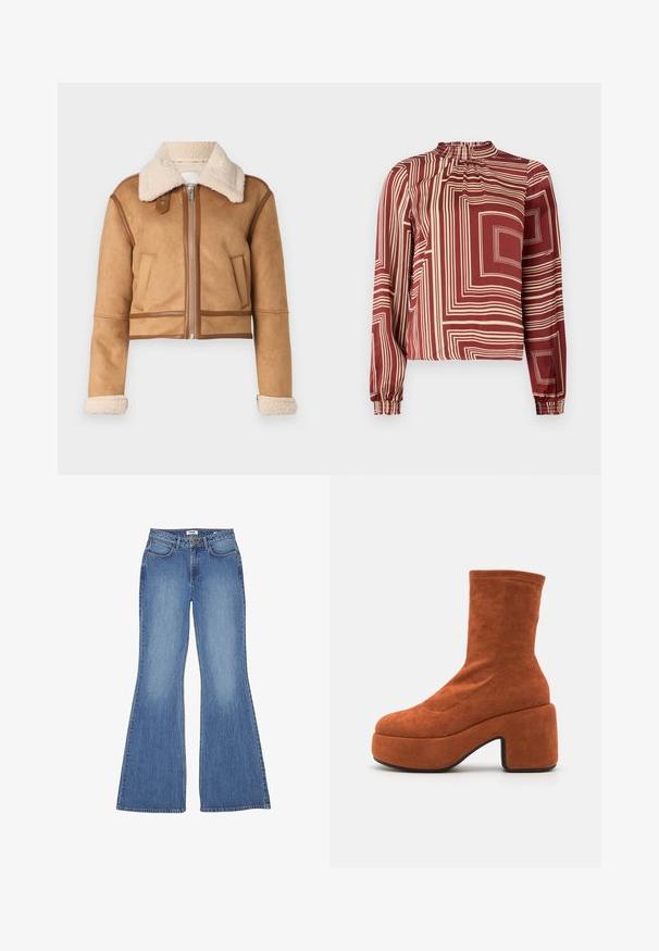 Veste courte en daim marron avec un col en fourrure, fermeture éclair à l'avant et deux poches latérales. Détails avec des accents cousus et des poignets.; Blouse à manches longues avec un col haut, en tissu bordeaux avec des lignes géométriques crème et des poignets froncés pour un ajustement décontracté.; Jean en denim bleu évasé avec taille haute, cinq poches et coutures contrastées ; texture lisse et lavage classique.; Bottes chelsea en daim marron avec un talon bloc et une semelle plateforme. L'empeigne présente une texture lisse et des détails de coutures, s'étendant jusqu'au milieu du mollet.