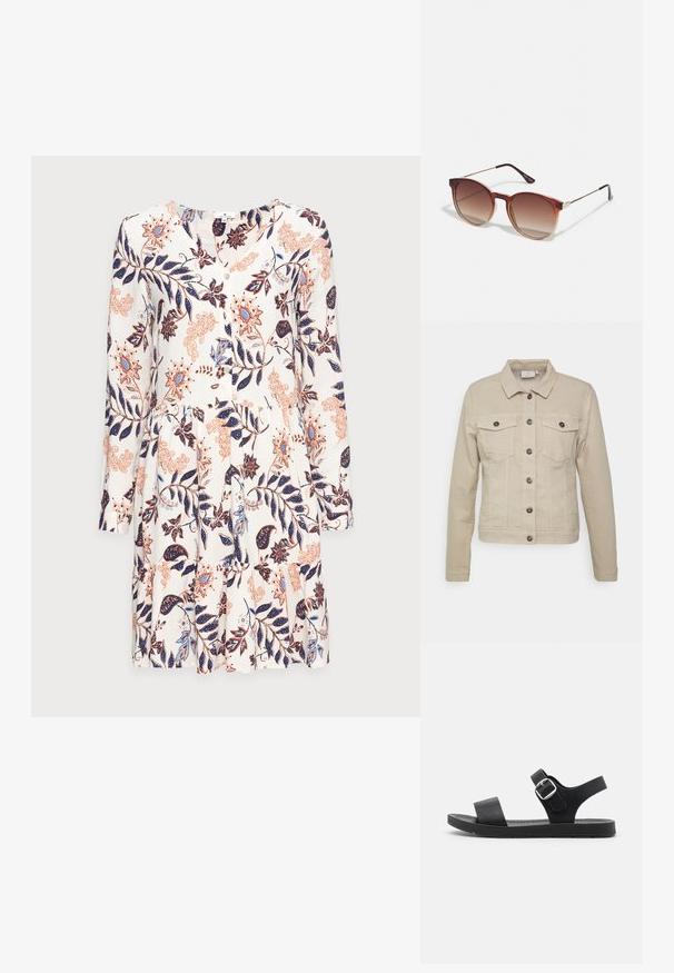 Beige denimjakke med krave, to brystlommer og sorte knaplukninger. Har syede detaljer og en tætsiddende silhuet.; TOM TAILOR DRESS WITH FLOUNCE - Hverdagskjole - white; Sorte sandaler med flad sål, justerbar spænde, to brede stropper og glat overflade, designet til komfort og nem brug.; Runde solbriller med brune gradientlinser, en tortoiseacetatramme og gyldne metalakcenter på broen og stængerne.