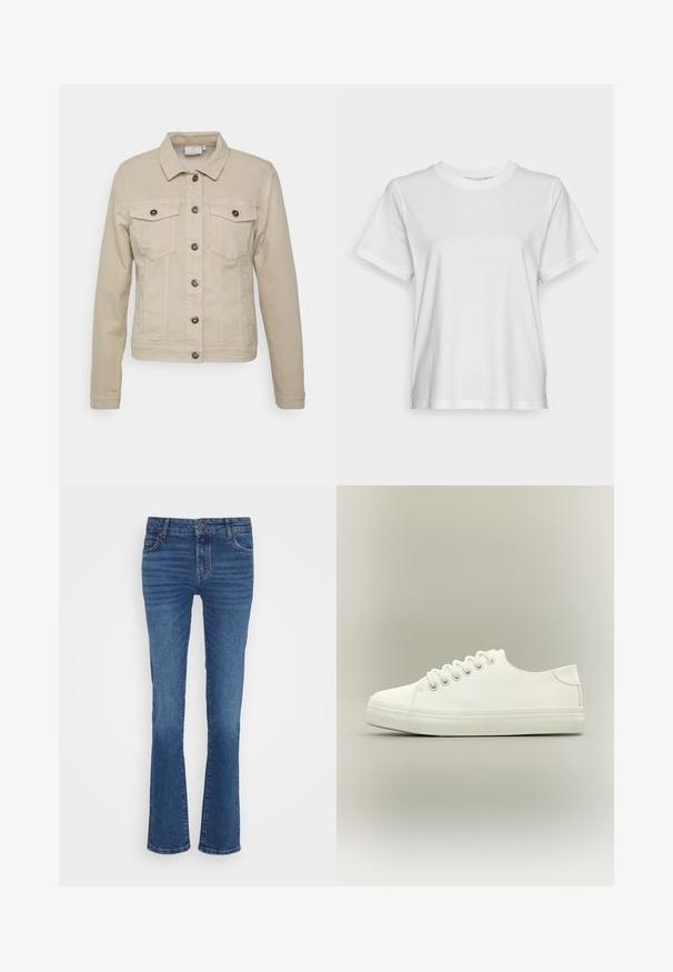 Beige denimjakke med krave, to brystlommer og sorte knaplukninger. Har syede detaljer og en tætsiddende silhuet.; Hvid bomulds T-shirt med korte ærmer, rund hals og en afslappet pasform. Glat tekstur, uden mønstre eller grafik, enkel design.; Blå denimjeans med en lige ben-design, der har lys fading, fem-lomme layout og en metal knaplukning ved taljen.; Hvid lavtop sneaker med hvide snørebånd og gummisål vist fra siden på en neutral baggrund.