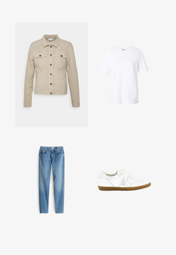 Beige denimjack met een kraag, twee borstzakken en zwarte knoopsluiting. Kenmerkt zich door gestikte details en een getailleerde pasvorm.; Effen witte T-shirt met korte mouwen en een ronde hals, een losse pasvorm en een klein label aan de binnenkant van de kraag.; Lichtblauwe spijkerbroek met een rechte pijp, vijf zakken en een knoopsluiting. De stof heeft een gladde textuur met subtiele vervaging.; Witte leren sneaker met een lage profiel, ronde neus en rubberen gumzool. Voorzien van witte veters en subtiele ontwerpaccenten.