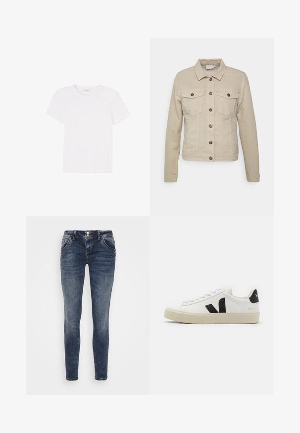Beige Jeansjacke mit Kragen, zwei Brusttaschen und schwarzen Knopfverschlüssen. Verfügt über genähte Details und eine taillierte Silhouette.; Schlichtes weißes Kurzarm-T-Shirt mit Rundhalsausschnitt, flach auf einem weißen Hintergrund ausgelegt.; Dunkelblaue Jeans aus Denim mit einer slim-fit Passform, fünf Taschen, Knopfverschluss und leichten Ausbleichungen für einen getragenen Look.; Weißes Leder-Sneaker mit schwarzem Gummi-V-Logo. Strukturierte cremefarbene Sohle, weiße Schnürsenkel und Fersendetail in Schwarz mit dem Markennamen.
