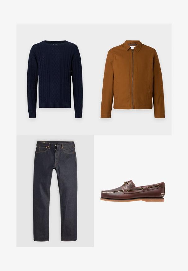 Veste légère marron avec un col, fermeture éclair sur toute la longueur à l'avant et deux poches latérales. Texture lisse et coupe cintrée.; Pull en maille bleu marine avec un col rond, présentant un motif torsadé texturé, des bords côtelés et des manches longues.; Jean en denim bleu foncé à coupe droite, avec des coutures orange et un style classique à cinq poches. Fermeture par bouton et braguette à glissière.; Chaussure bateau en cuir marron avec coutures blanches, détails de lacets et semelle en caoutchouc beige, vue de côté sur fond blanc.