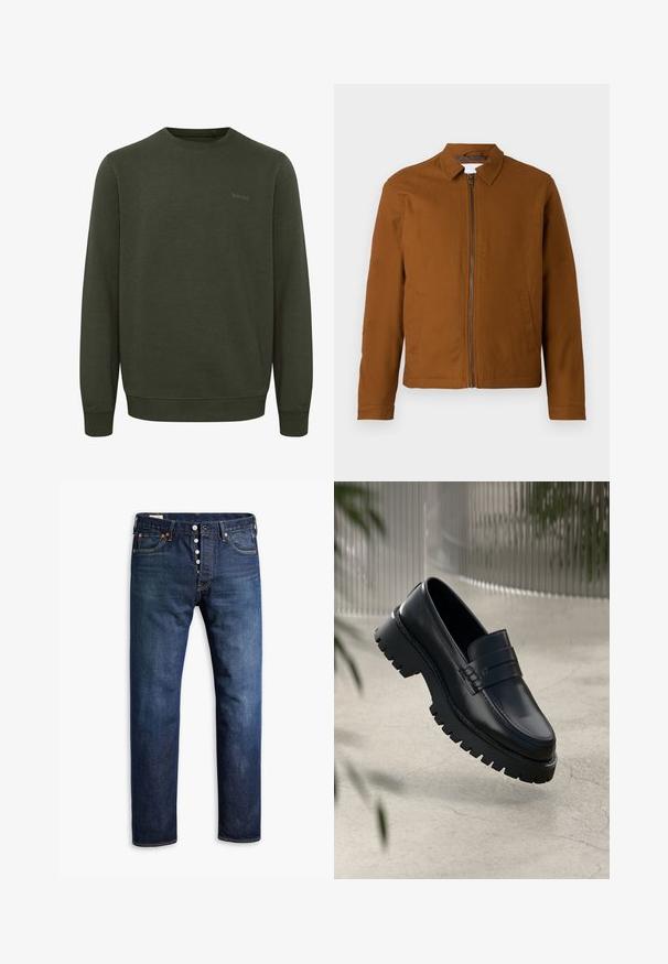 Bruine lichtgewicht jas met een kraag, volledige rits aan de voorkant en twee zijzakken. Gladde textuur en getailleerde vorm.; Olijfgroene sweatshirt van zacht materiaal, met een ronde hals, lange mouwen en geribde manchetten. Subtiele "blend" logo in bijpassende kleur.; Donkerblauwe denim jeans met een rechte snit, vijf zakken en een vijfknopsgulp. Heeft contrasterende oranje stiksels en minimale hardware.; Zwarte leren instappers met een chunky loopzool, voorzien van een decoratieve band en stikseldetails. Gladde textuur met een gepolijste afwerking.