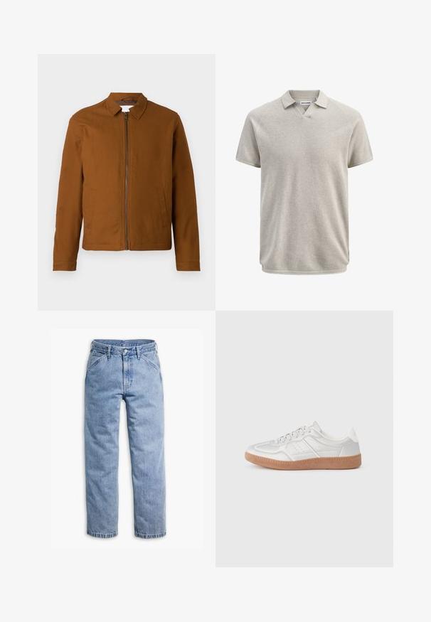 Brun letvægtsjakke med krave, lynlås foran og to sidelommer. Glat tekstur og skræddersyet facon.; Kortærmet beige tekstureret polo med krave og let V-formet halsudskæring, mærket Jack & Jones.; Lyseblå straight-leg denimjeans med forreste knap- og lynlås, bæltestropper og skrå forlommer.; Sølv sneakers med en glat overflade, snørebånd, perforerede detaljer og en struktureret brun gummi sål.