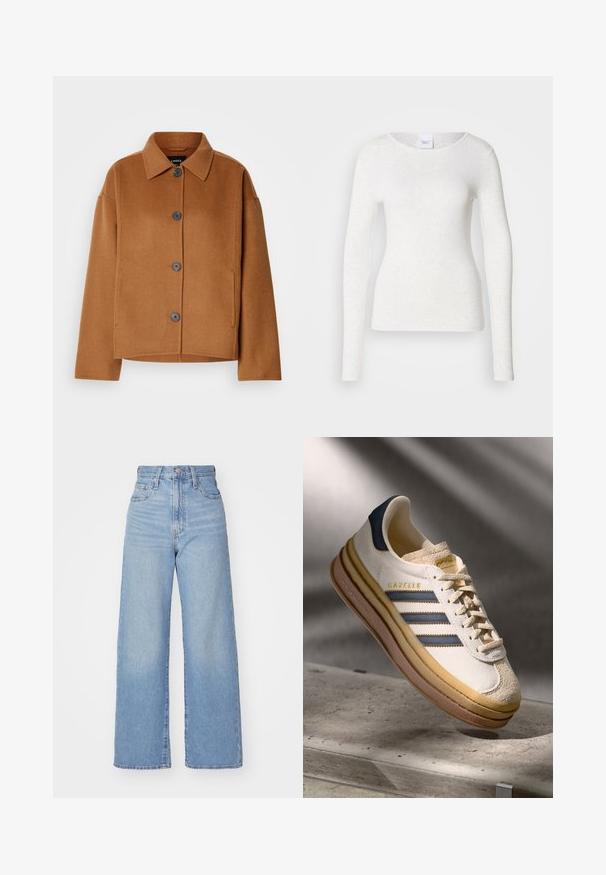 Brun uldblandet jakke med klassisk krave, store frontknapper og en løs pasform. Har sidelommer og en blød, tekstureret overflade.; Hvid langærmet t-shirt i et blødt, letvægtsstof med rund halsudskæring og slank pasform, der har en diskret struktur.; Lyseblå højtaljede bukser med bred benåbning, med frontknap og lynlås, samt for- og baglommer, på en hvid baggrund.; Adidas Gazelle sneaker med en creme farvet ruskindsoverdel, blå læderdetaljer, tre blå striber, beige mellemsål og brune gummisål.